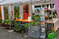 Pflanzkisten und Aufsteller mit Faltblättern an Stand