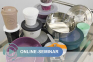 Unterschiedliche Schüsseln und Becher auf einem Servierwagen; Schriftzug Online-Seminar