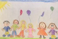 Mit Buntstift gemaltes Bild: 6 Personen stehen nebeneinander und halten Luftballons