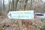 Wegweiser-Schild mit Frido dem Erklär-Häher zum Waldlehrpfad der Stadtförsterei