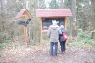 Wanderer auf dem Wald-Wild-Lehrpfad betrachten eine Informationstafel, Thema Fledermaus