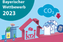 Grafik mit Schriftzug Bayerischer Wettbewerb 2023, Haus, T-Shirts und Wolke mit Schrift CO2